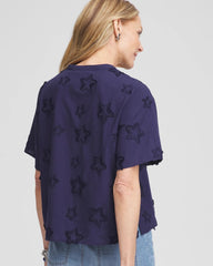 Chico's | Embroidered Star Split Neck Blouse/ Passport Blue