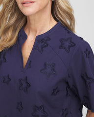 Chico's | Embroidered Star Split Neck Blouse/ Passport Blue