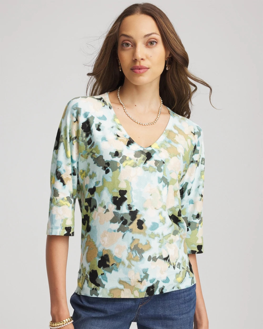 Chico's | Printed Dolman V-Neck Pullover Sweater/ Blue Menthe