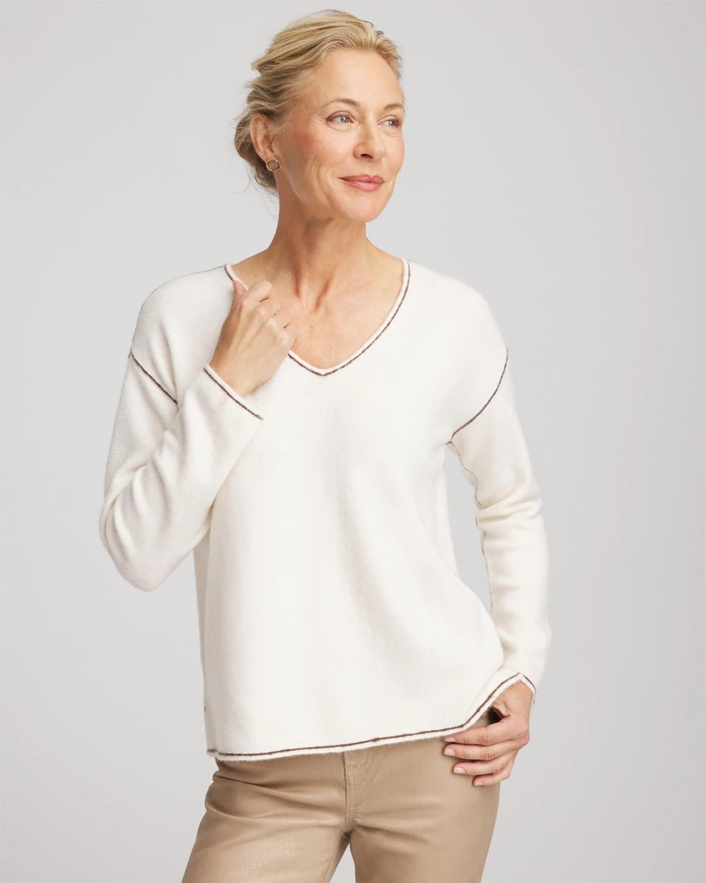 Chico's | Contrast Stitch V-Neck Sweater/ English Cream