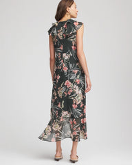 Chico's | Floral Ruffle-Trim Chiffon Dress/ Darkest Spruce