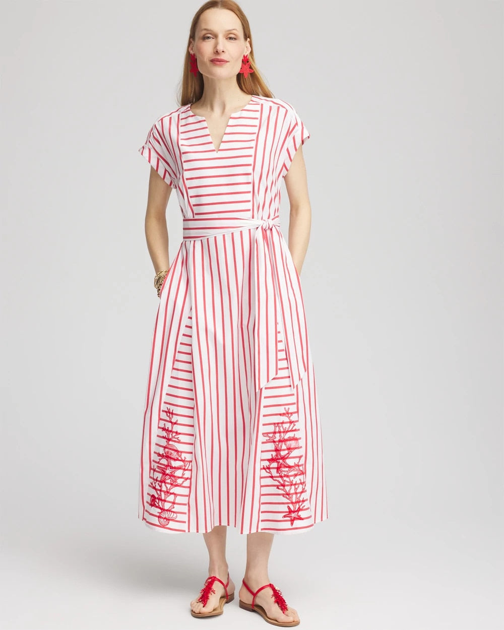 Chico's | Embroidered Godet Striped Maxi Dress/ Alabaster