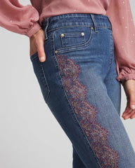 Chico's | Lace Embroidered Pull-On Straight Jeans/ Alpine Indigo