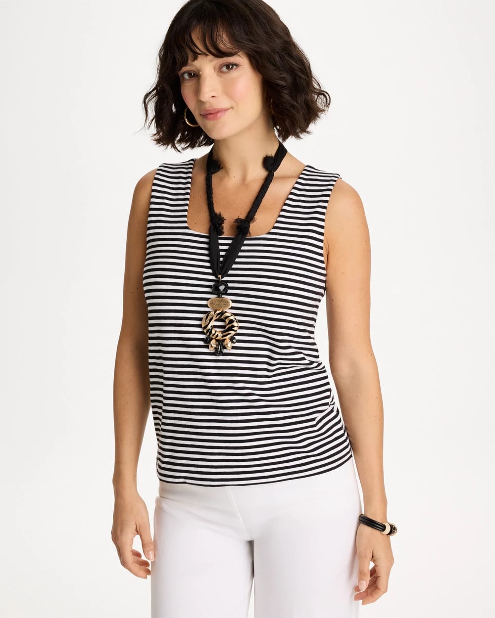 Chico's | Striped Contour Cotton™ Square Neck Tank/ Black