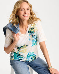 Chico's | Printed Cotton Slub V-Neck Tee/ Topanga Green
