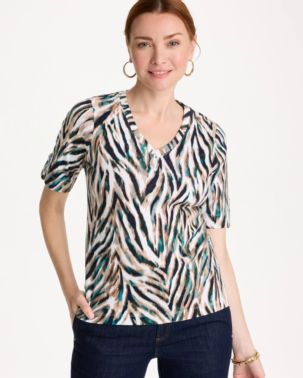 Chico's | Animal Print Pima Elbow-Sleeve Tee/ Lagoon Blue