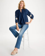 Chico's | Embroidered Denim Henley Tee/ Passport Blue