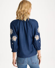 Chico's | Embroidered Denim Henley Tee/ Passport Blue
