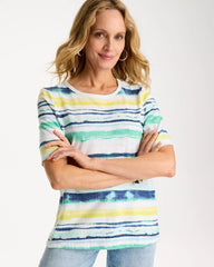 Chico's | Striped Cotton Slub Elbow-Sleeve Tee/ Sage Lime