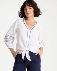 Chico's | Cotton Gauze Embroidered Tie-Front Blouse/ Alabaster