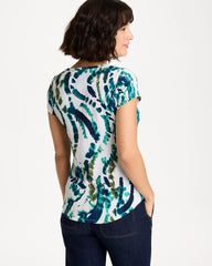 Chico's | Printed Textured Knit Cap Sleeve Tee/ Topanga Green