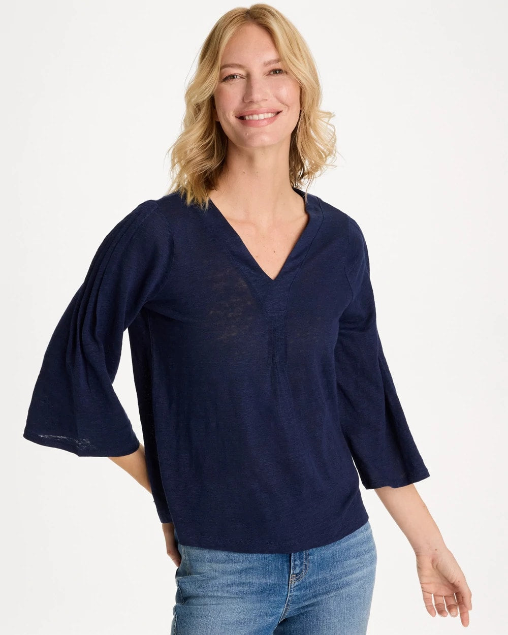 Chico's | Linen Pleated Pintuck Tee/ Passport Blue