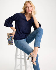 Chico's | Linen Pleated Pintuck Tee/ Passport Blue