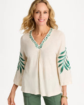 Chico's | Linen Palm Embroidered Pleated Tee/ Natural Cream