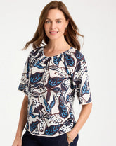Chico's | Printed Linen Fringed Tee/ Passport Blue