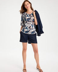 Chico's | Printed Linen Fringed Tee/ Passport Blue