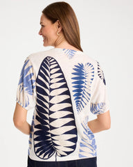Chico's | Leaf Print Linen Ruched V-Neck Tee/ Passport Blue