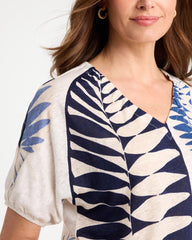 Chico's | Leaf Print Linen Ruched V-Neck Tee/ Passport Blue