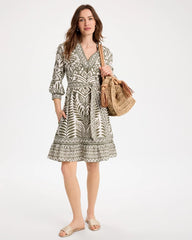 Chico's | Printed Cotton-Linen Belted Dress/ Kelp Forest