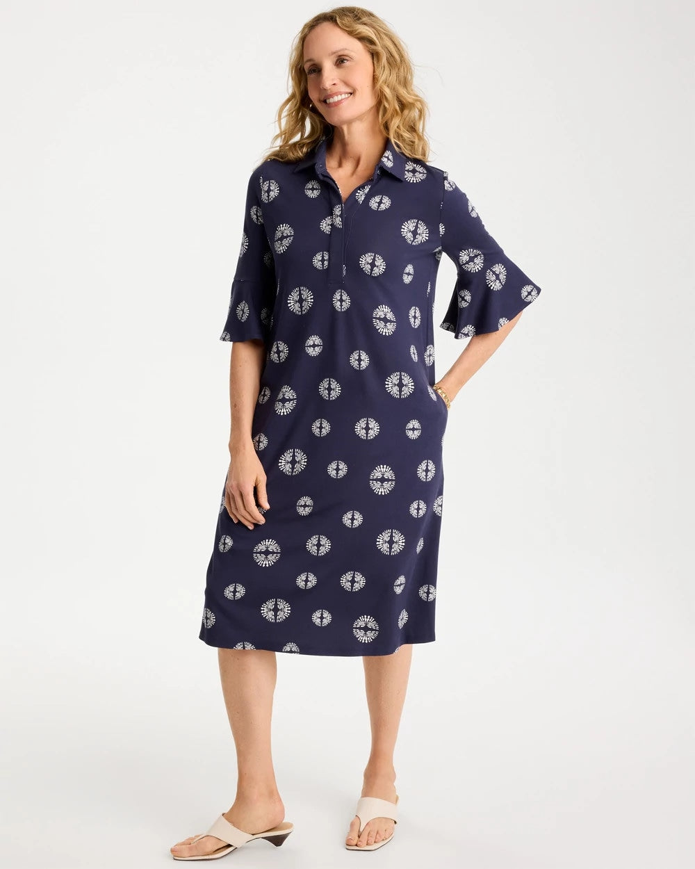 Chico's | Printed Ponte Flounce Sleeve Dress/ Passport Blue