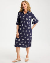 Chico's | Printed Ponte Flounce Sleeve Dress/ Passport Blue