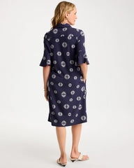 Chico's | Printed Ponte Flounce Sleeve Dress/ Passport Blue