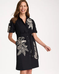 Chico's | Embroidered Poplin Cotton Belted Dress/ Black