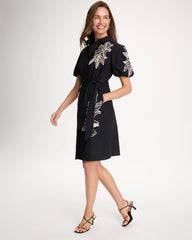 Chico's | Embroidered Poplin Cotton Belted Dress/ Black