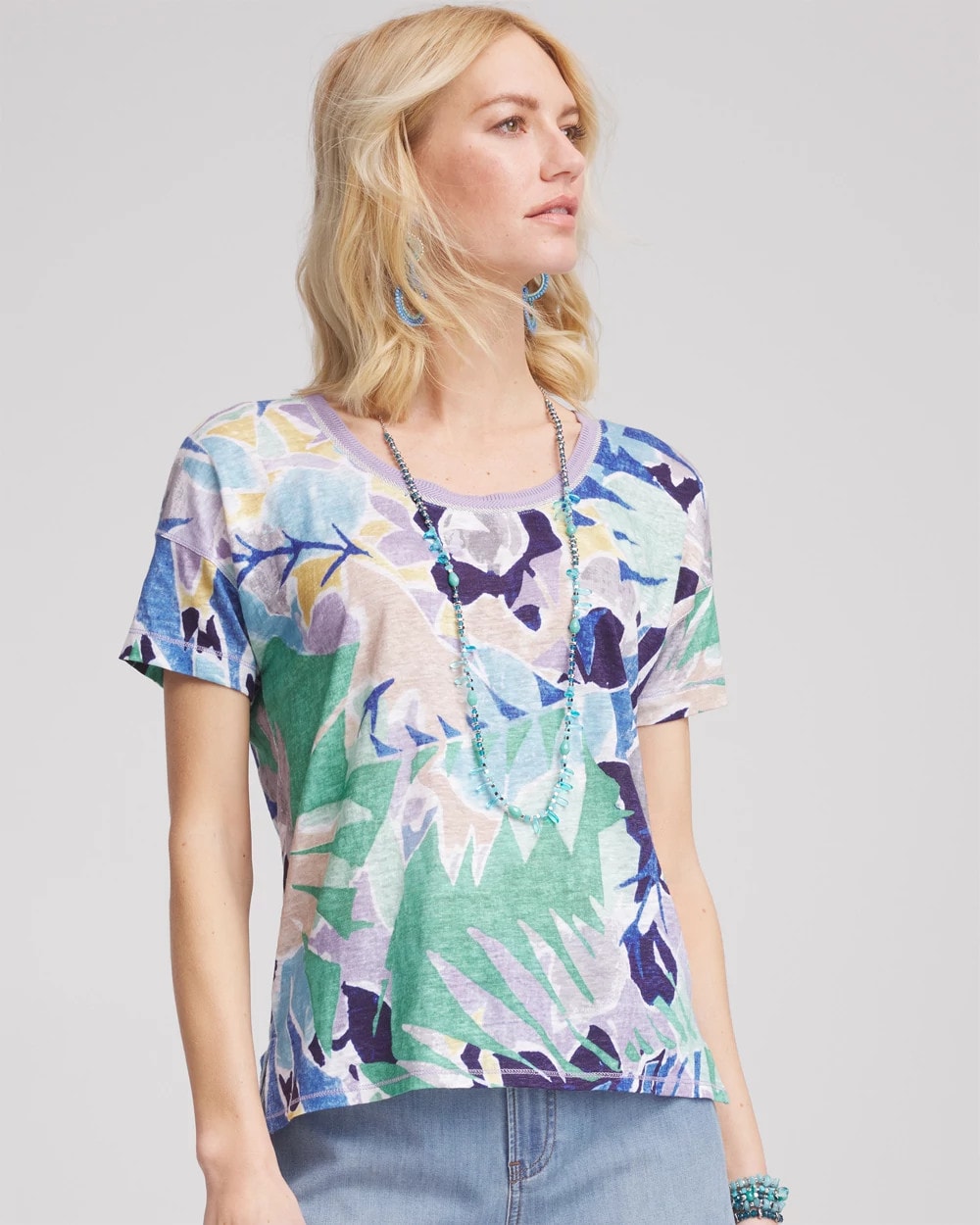 Chico's | Tropical Nights Sweater-Trim Linen Tee/ Blue Casa