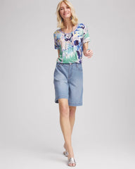 Chico's | Tropical Nights Sweater-Trim Linen Tee/ Blue Casa