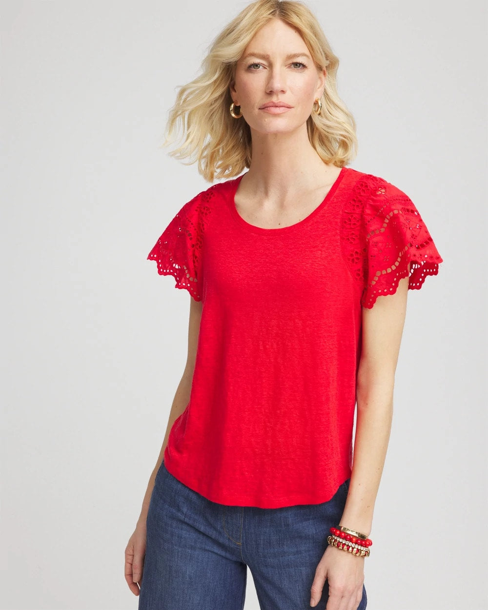 Chico's | Linen Embroidered Lace Tee/ Red Glow
