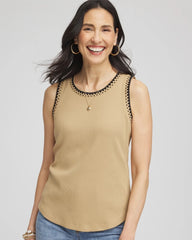 Chico's | Contrast-Trim Ribbed Cotton Tank Top/ Cafe Aroma