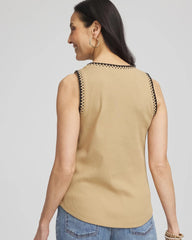 Chico's | Contrast-Trim Ribbed Cotton Tank Top/ Cafe Aroma