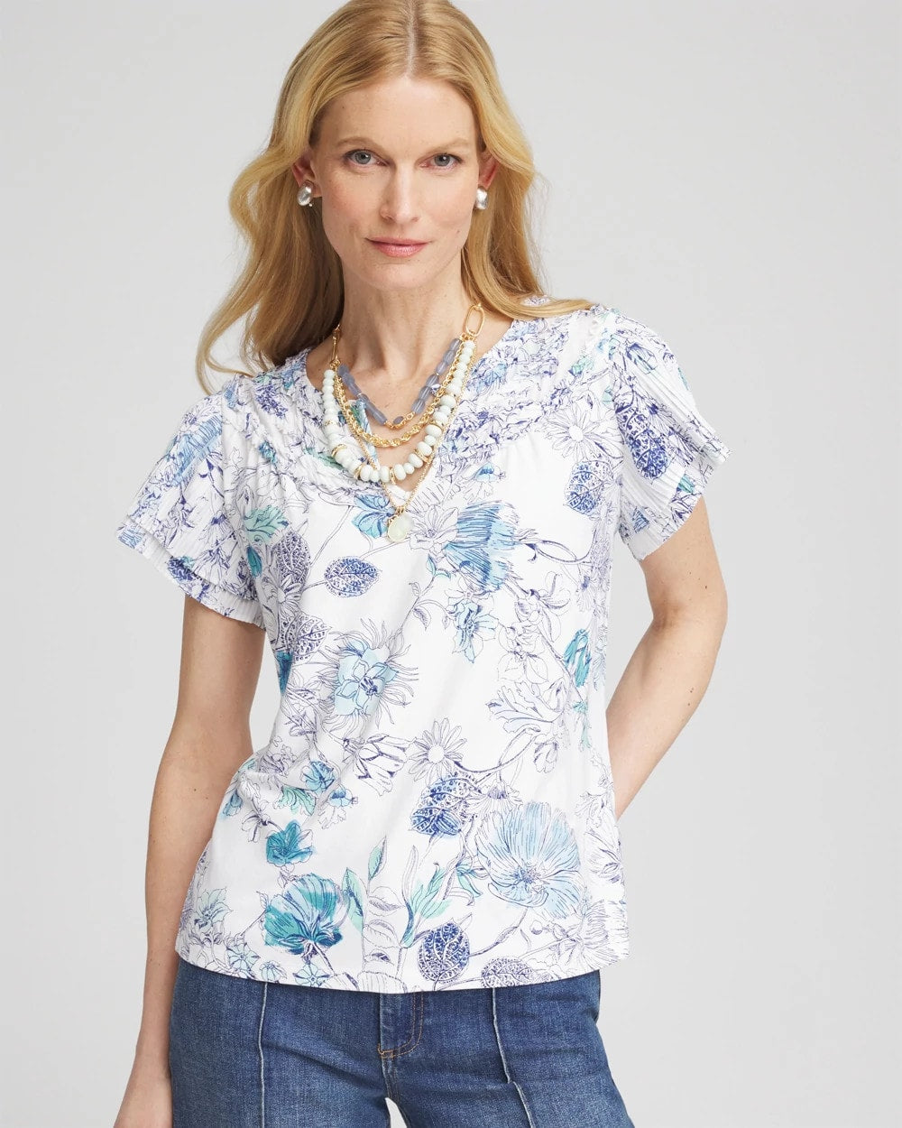Chico's | Touch of Cool™ Floral Flutter Sleeve Tee/ Alabaster