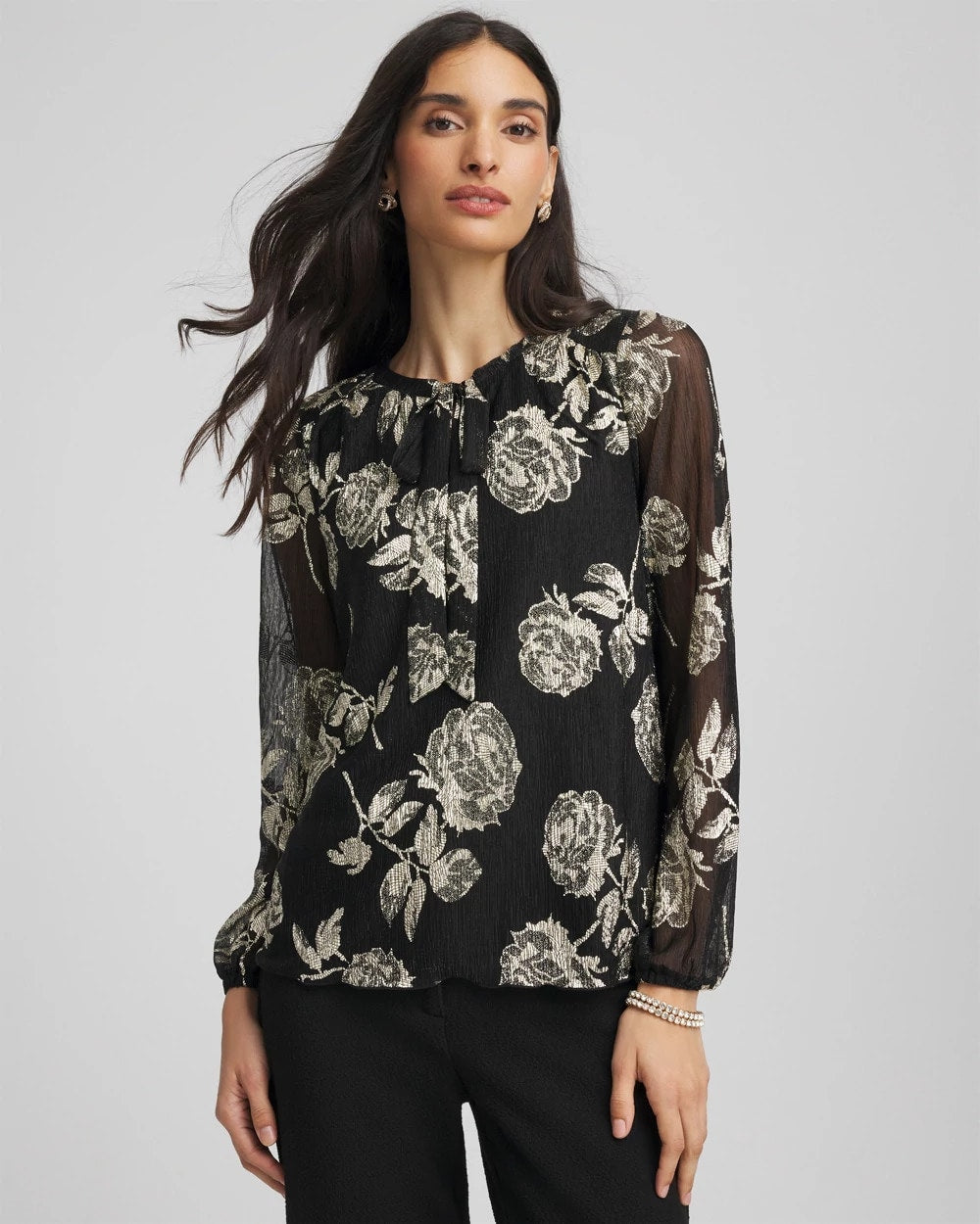 Chico's | Floral Metallic Bodre Top/ Black