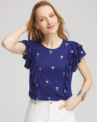 Chico's | Foiled Flutter-Sleeve Linen Tee/ Blue Casa