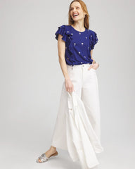 Chico's | Foiled Flutter-Sleeve Linen Tee/ Blue Casa