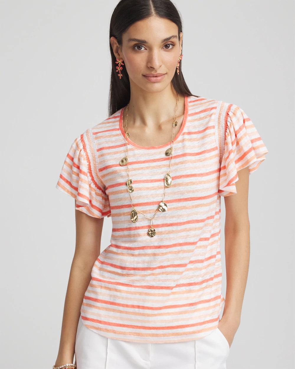 Chico's | Striped Linen Smocked Flutter-Sleeved Tee/ Melon Mambo