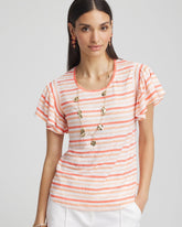 Chico's | Striped Linen Smocked Flutter-Sleeved Tee/ Melon Mambo