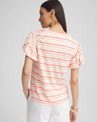 Chico's | Striped Linen Smocked Flutter-Sleeved Tee/ Melon Mambo