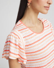 Chico's | Striped Linen Smocked Flutter-Sleeved Tee/ Melon Mambo