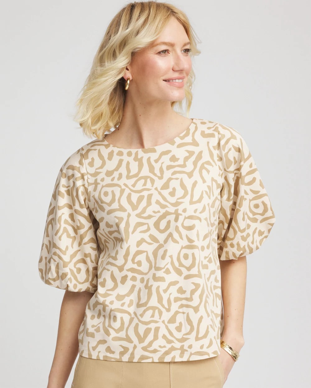 Chico's | Animal Print Bubble Sleeve Top/ Glistening Sand