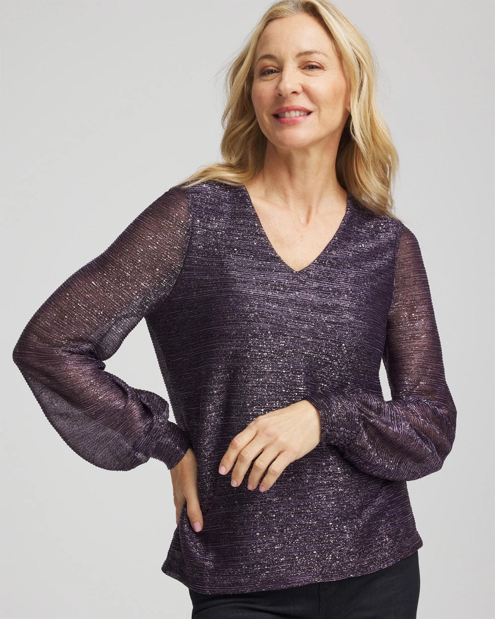 Chico's | Foiled Bodre Top/ Purple Elixir