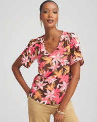 Chico's | Floral Petal-Sleeve Voop Neck Tee/ Cacao