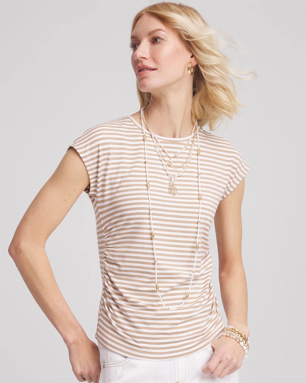Chico's | Neutral Striped Cap Sleeve Dolman Tee/ Cafe Aroma