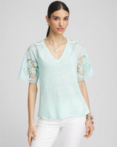 Chico's | Linen Crochet Lace Short Sleeve Tee/ Teal Waters
