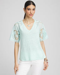 Chico's | Linen Crochet Lace Short Sleeve Tee/ Teal Waters
