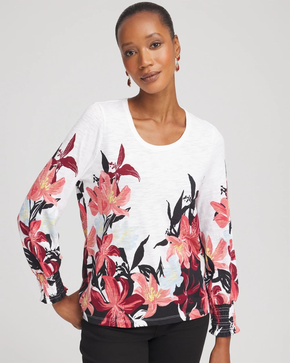 Chico's | Floral-Motif Smocked Cotton-Slub Tee/ Alabaster