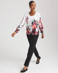Chico's | Floral-Motif Smocked Cotton-Slub Tee/ Alabaster