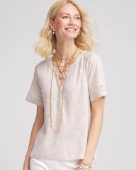 Chico's | Linen Lace-Cutwork Sleeve Henley Tee/ River Rock